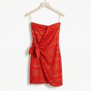 Free People Oceanside Crochet Mini Dress Red Orange Strapless Boho Festival S